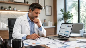 Médico evaluando propuestas para elegir una agencia de marketing y fortalecer el posicionamiento de su consulta médica.