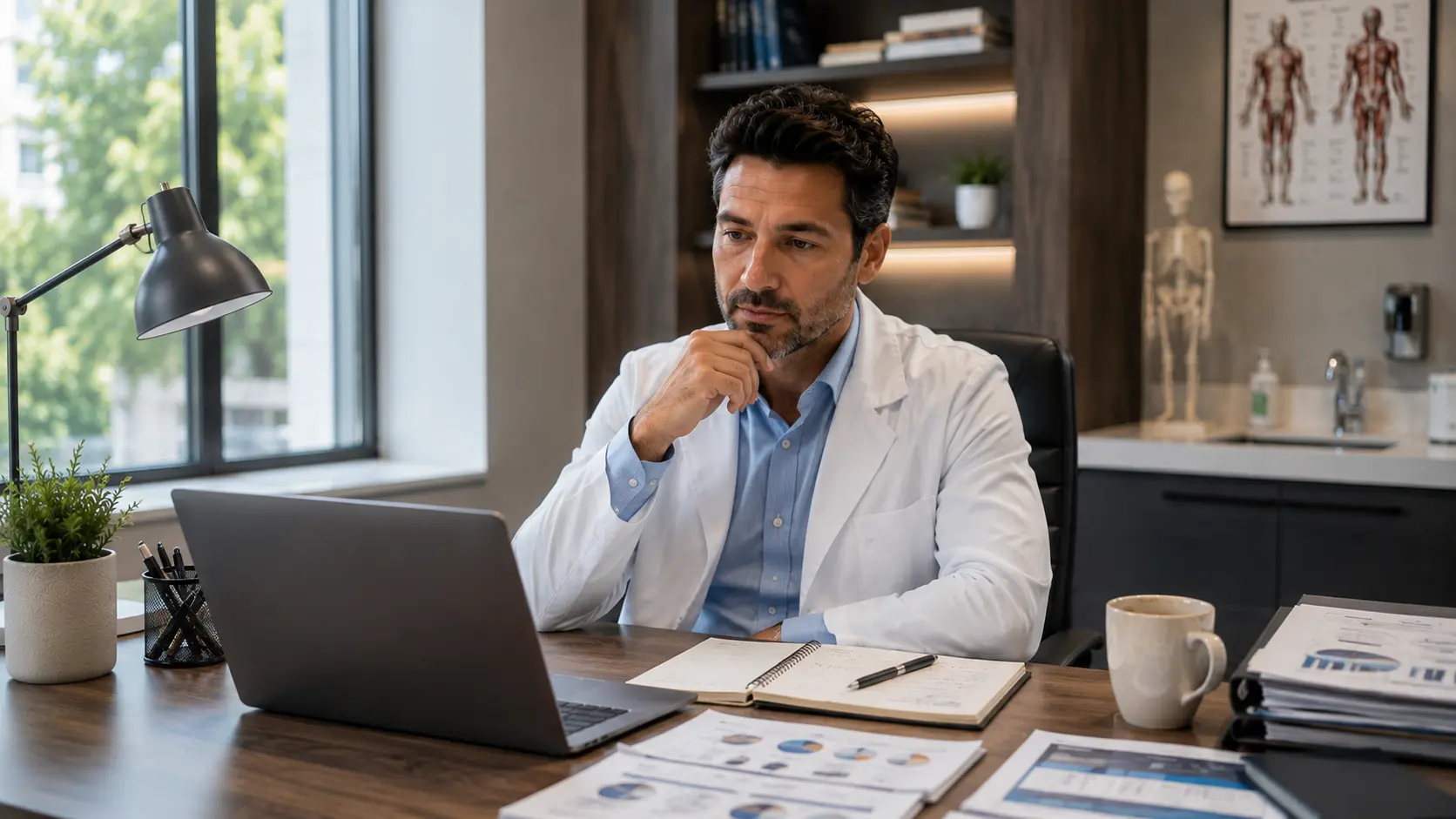Doctor analizando distintas propuestas de agencias de marketing antes de elegir la mejor estrategia para atraer más pacientes.