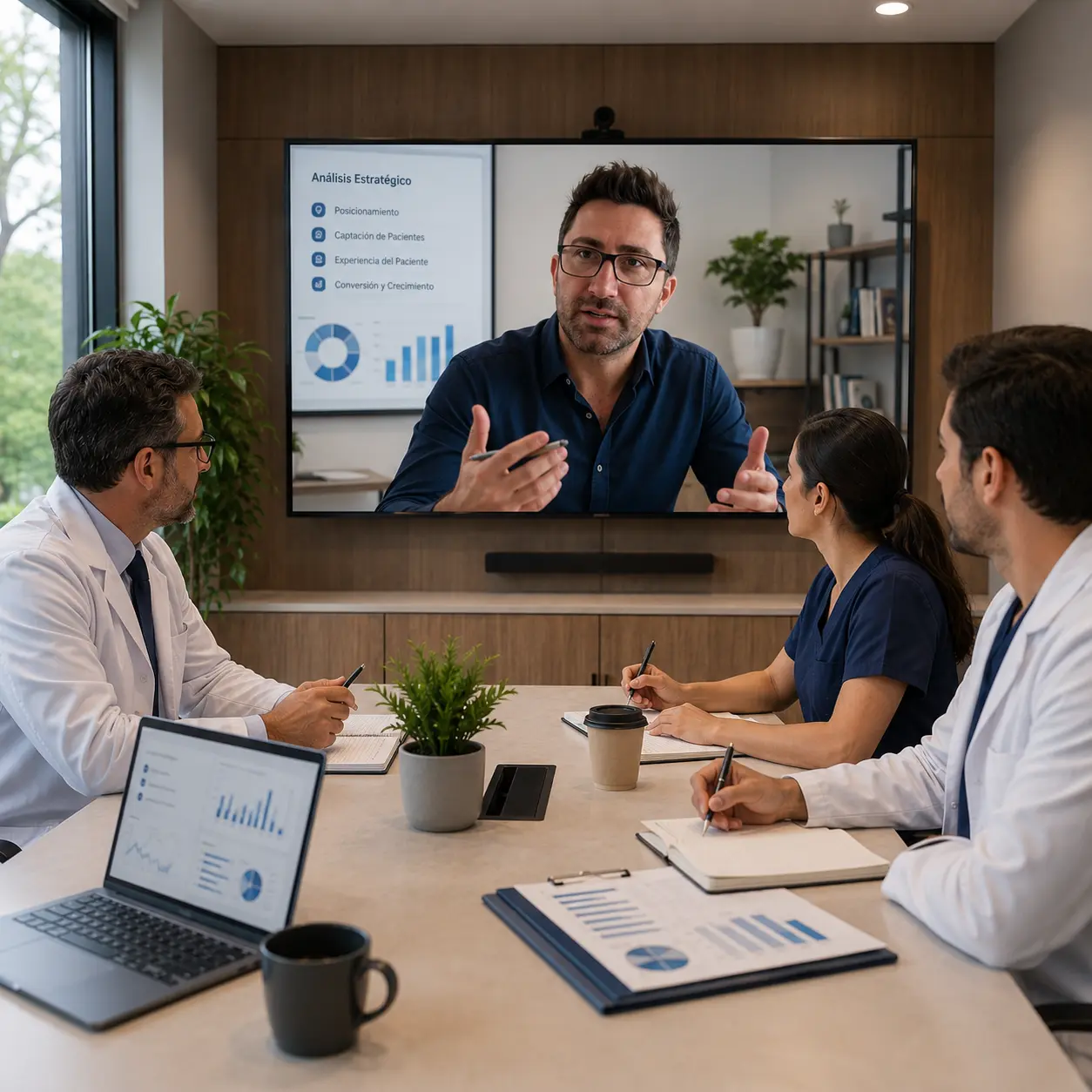 Consultoría estratégica online para empresas de servicios con Jorge Lovretic mediante videollamada con equipo médico reunido analizando marketing, posicionamiento, comunicación y crecimiento.