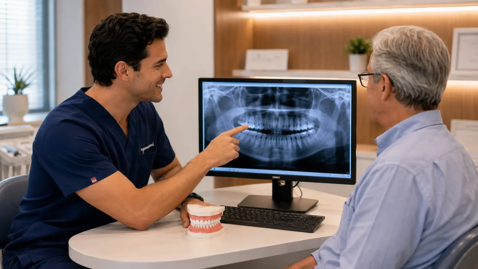 Dentista explicando un plan de tratamiento a un paciente utilizando una radiografía dental en un monitor durante una consulta odontológica.