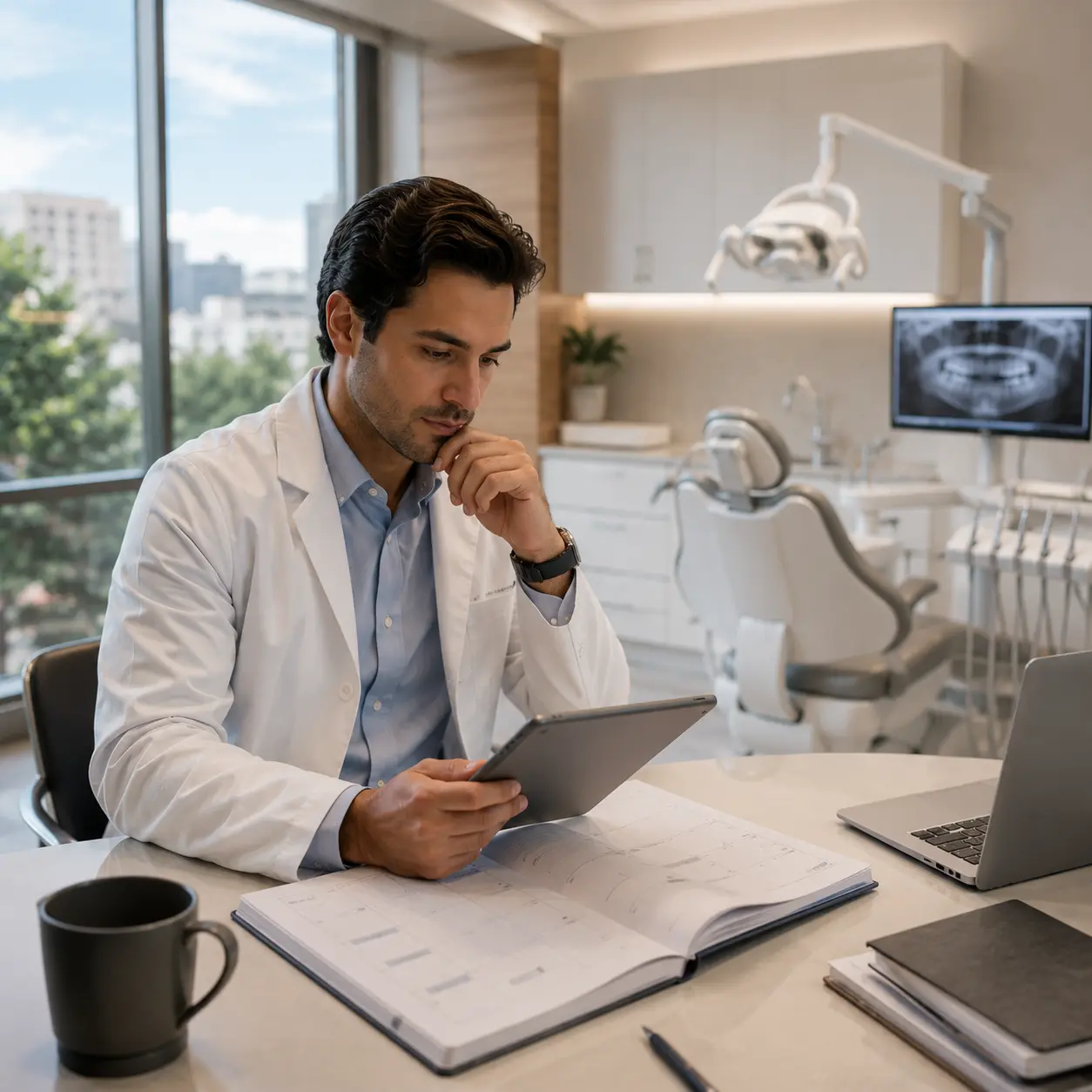 Dentista revisando la agenda de su consulta dental y analizando cómo atraer más pacientes mediante una mejor estrategia de marketing odontológico.