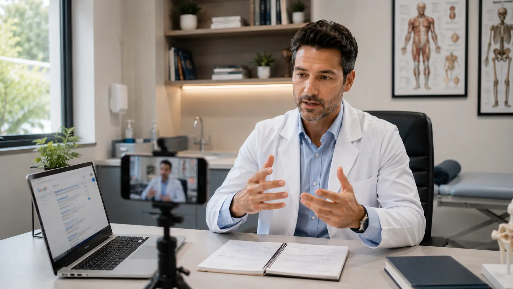 Médico fortaleciendo su presencia digital mediante Google, contenido de valor y redes sociales para atraer más pacientes.