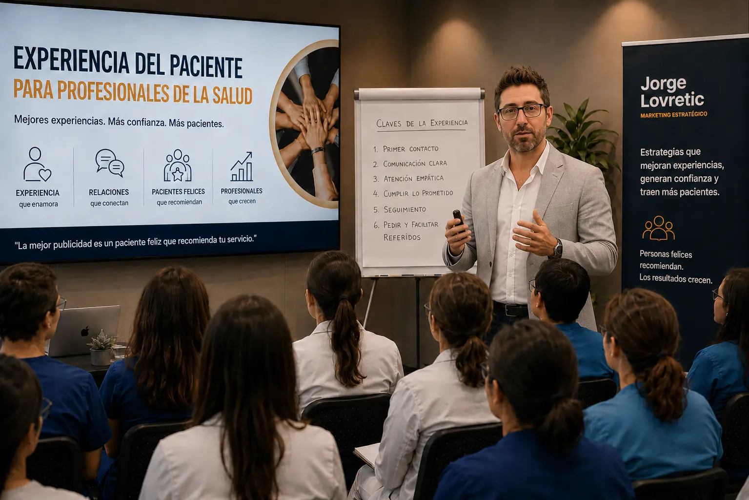 Conferencia de Jorge Lovretic sobre experiencia del paciente, comunicación, confianza y estrategias para atraer más pacientes en centros médicos, clínicas y consultas de salud.