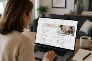 Mujer buscando un medico especialista en Google desde su laptop en su hogar. La clínica aparece en el primer resultado de búsqueda y la paciente hace clic para agendar una cita médica online. Ambiente moderno, iluminación natural y fotografía editorial premium.