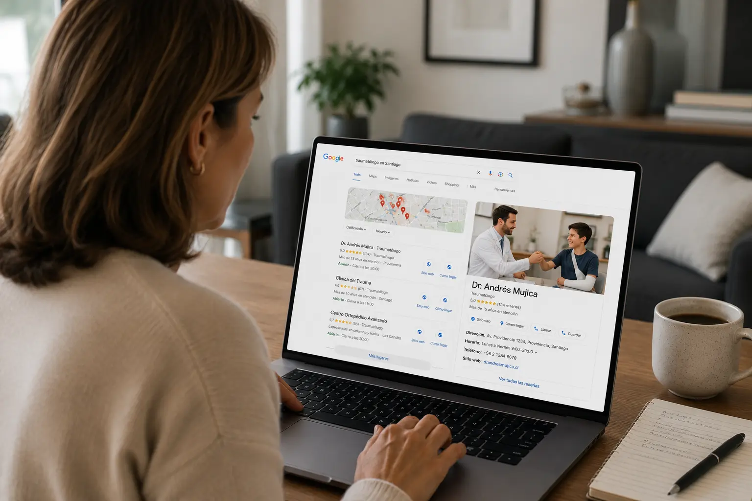 Paciente buscando una clínica médica en Google antes de agendar una consulta.