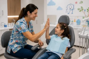 Odontopediatra generando confianza con una paciente infantil mediante una atención cercana y una experiencia positiva durante la consulta dental.