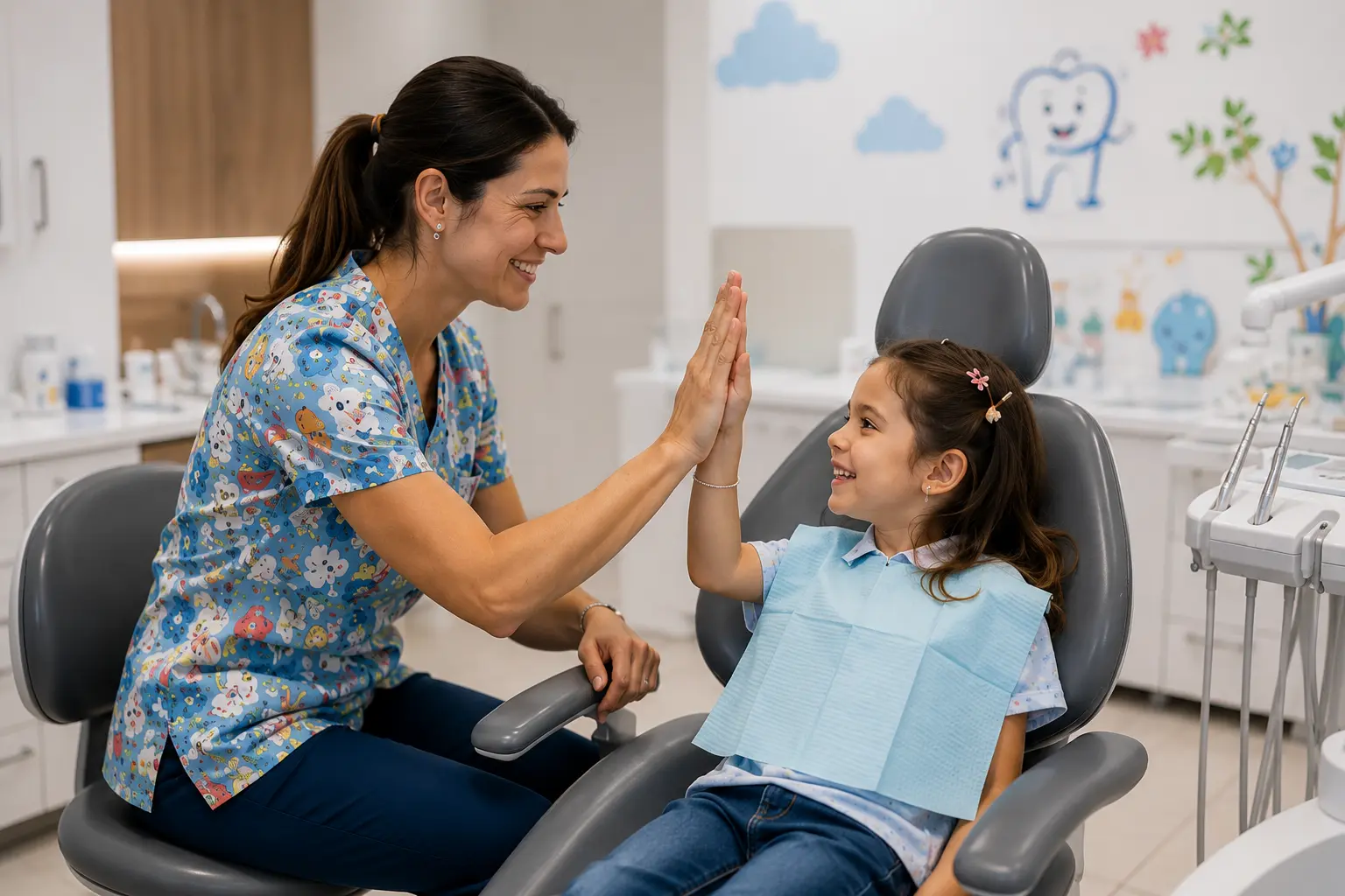 Odontopediatra generando confianza con una paciente infantil mediante una atención cercana y una experiencia positiva durante la consulta dental.