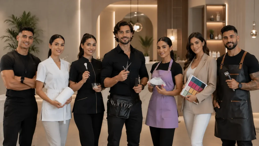 Profesionales de la belleza y el bienestar atendiendo a una clienta en moderno centro estético, experiencia personalizada, cuidado personal, confianza y atención profesional.
