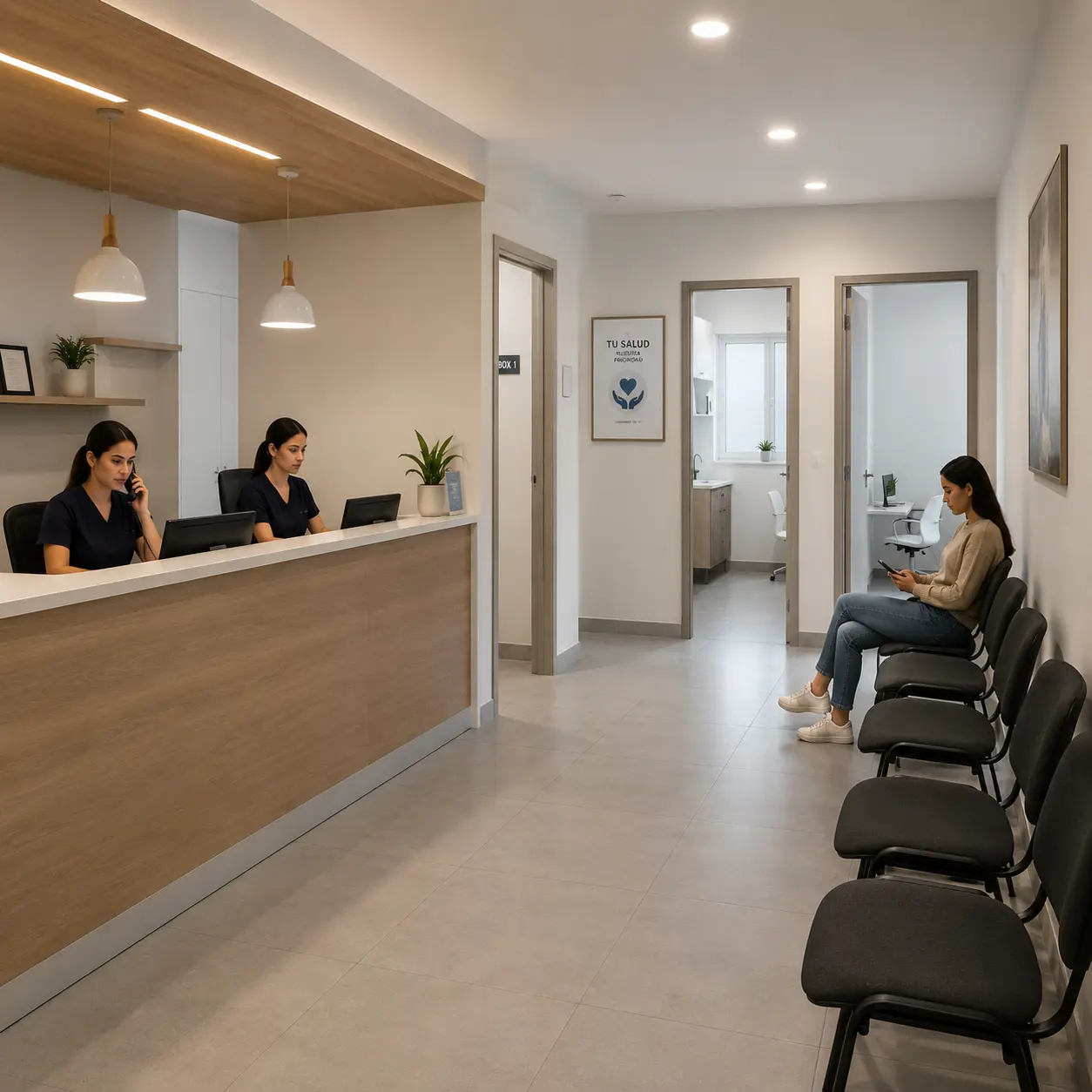 Sala de espera moderna de un consultorio médico enfocada en la experiencia del paciente
