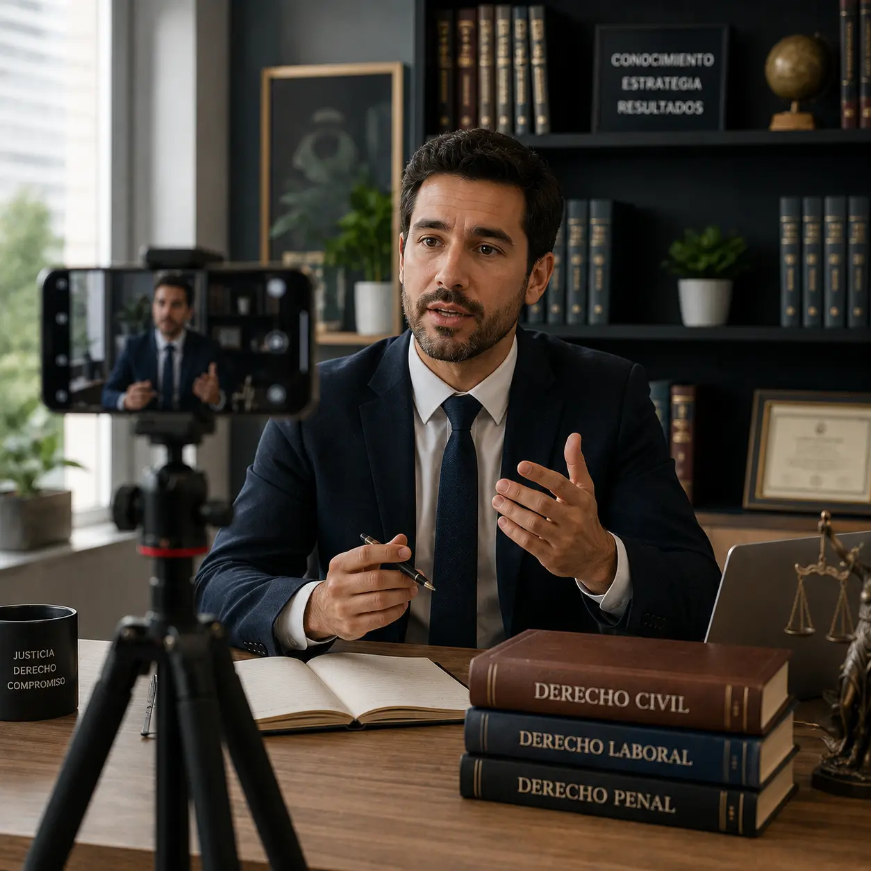 Abogado grabando videos educativos para comunicar sus conocimientos y mejorar su presencia en redes sociales