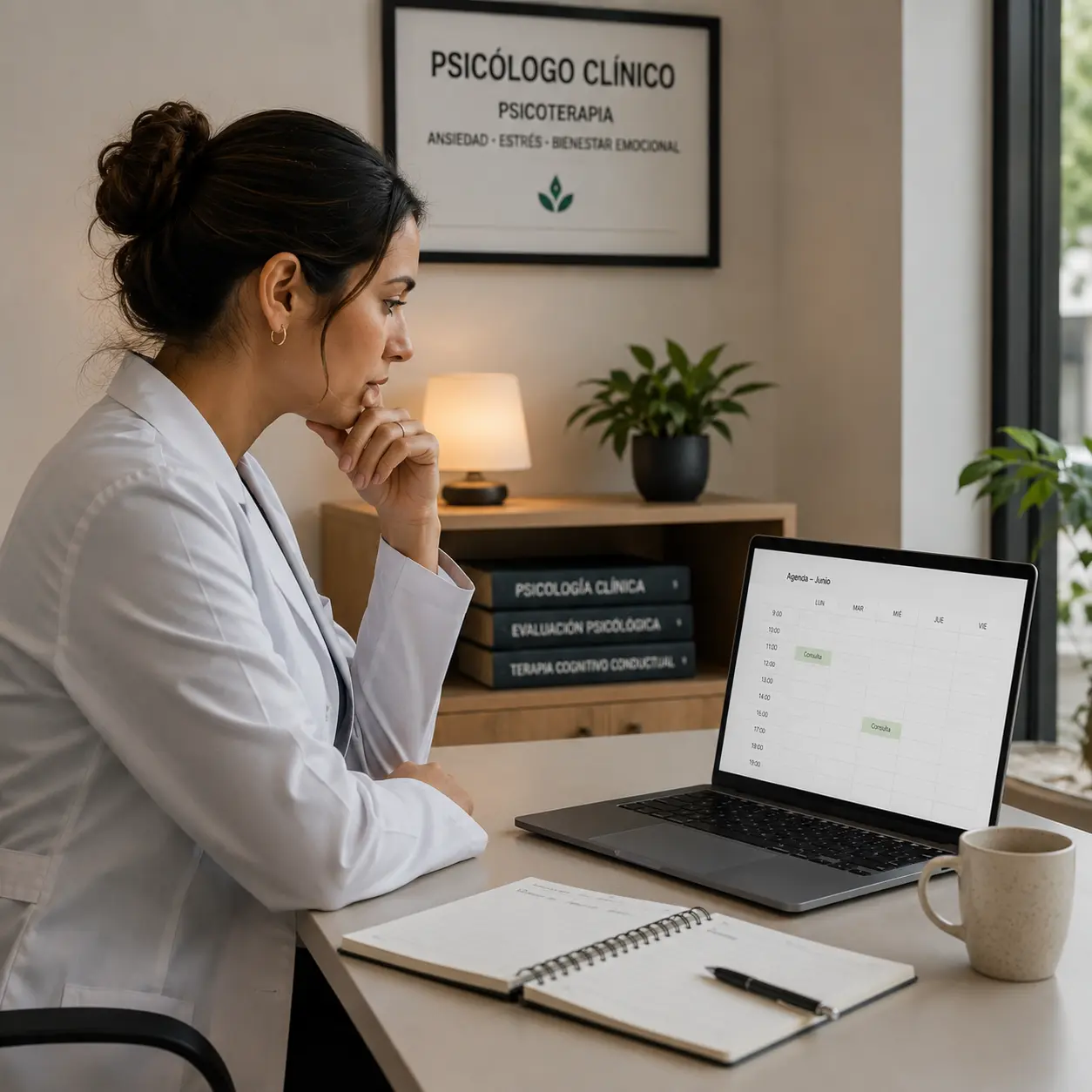 Psicóloga revisando una agenda con pocas sesiones programadas antes de implementar una estrategia de marketing para psicólogos.