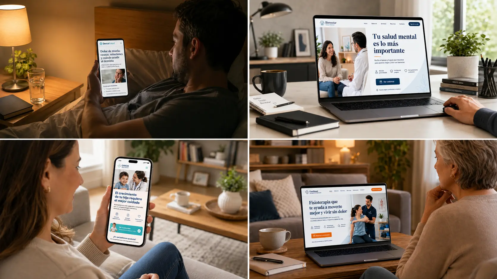 Collage de pacientes revisando páginas web de salud sobre odontología, salud mental, pediatría y kinesiología antes de decidir contactar o agendar una atención.