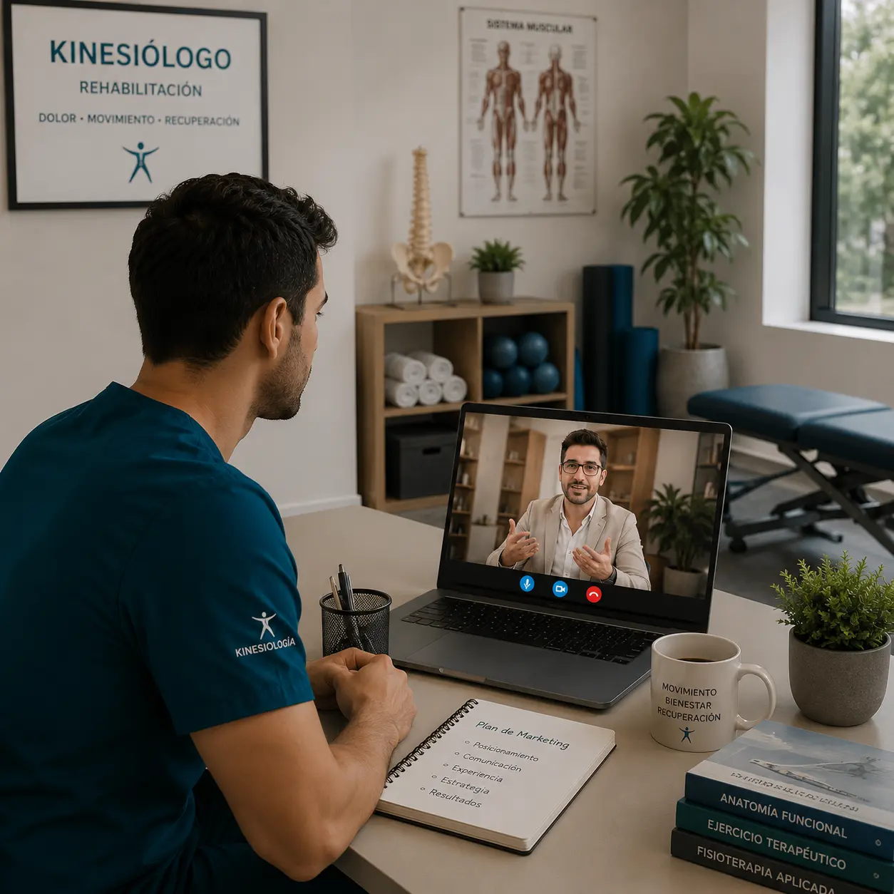 Kinesiólogo participando en una consultoría de marketing para kinesiólogos mediante videollamada para mejorar su posicionamiento y captar más pacientes.