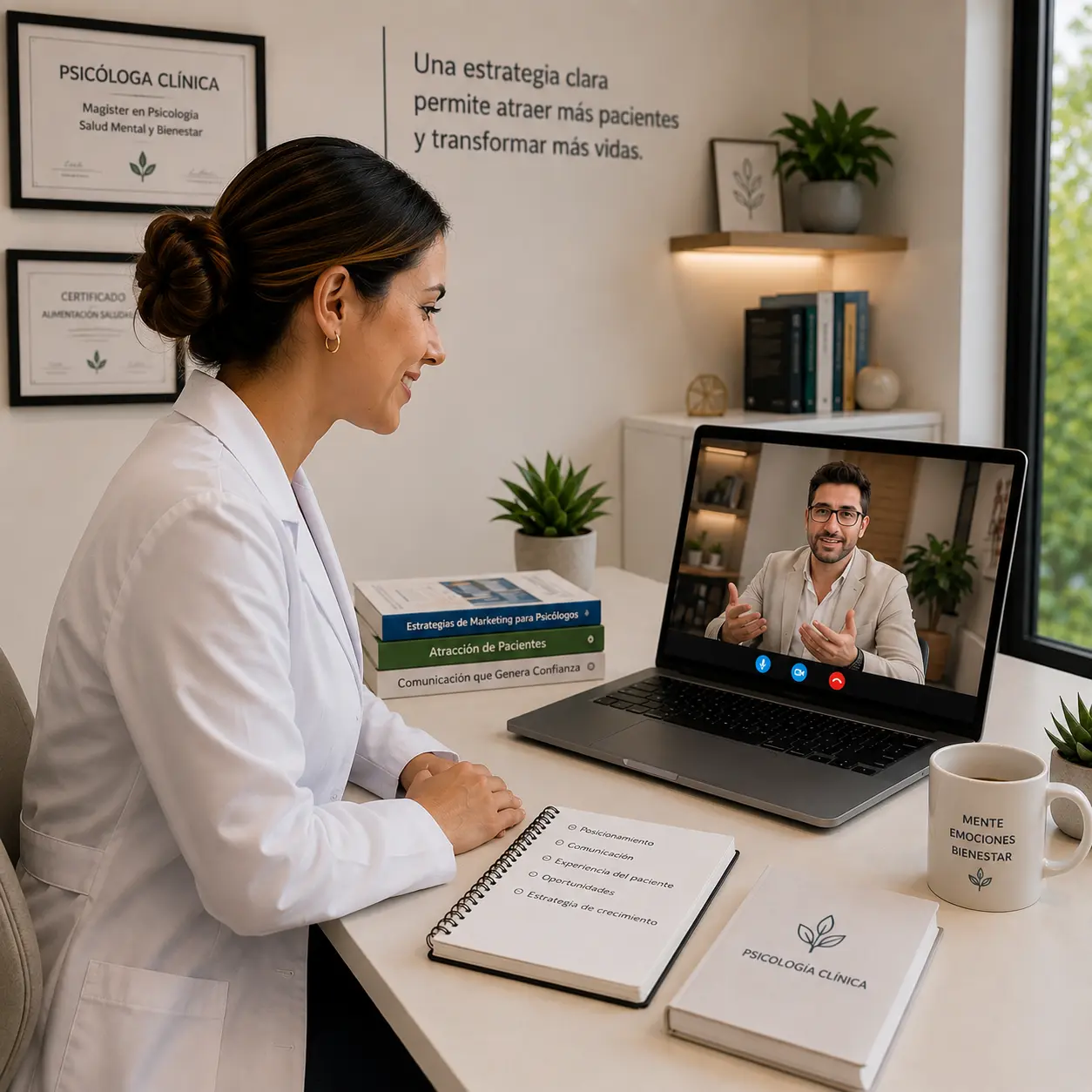 Psicóloga recibiendo una consultoría de marketing online para mejorar su posicionamiento, atraer más pacientes y hacer crecer su consulta psicológica.