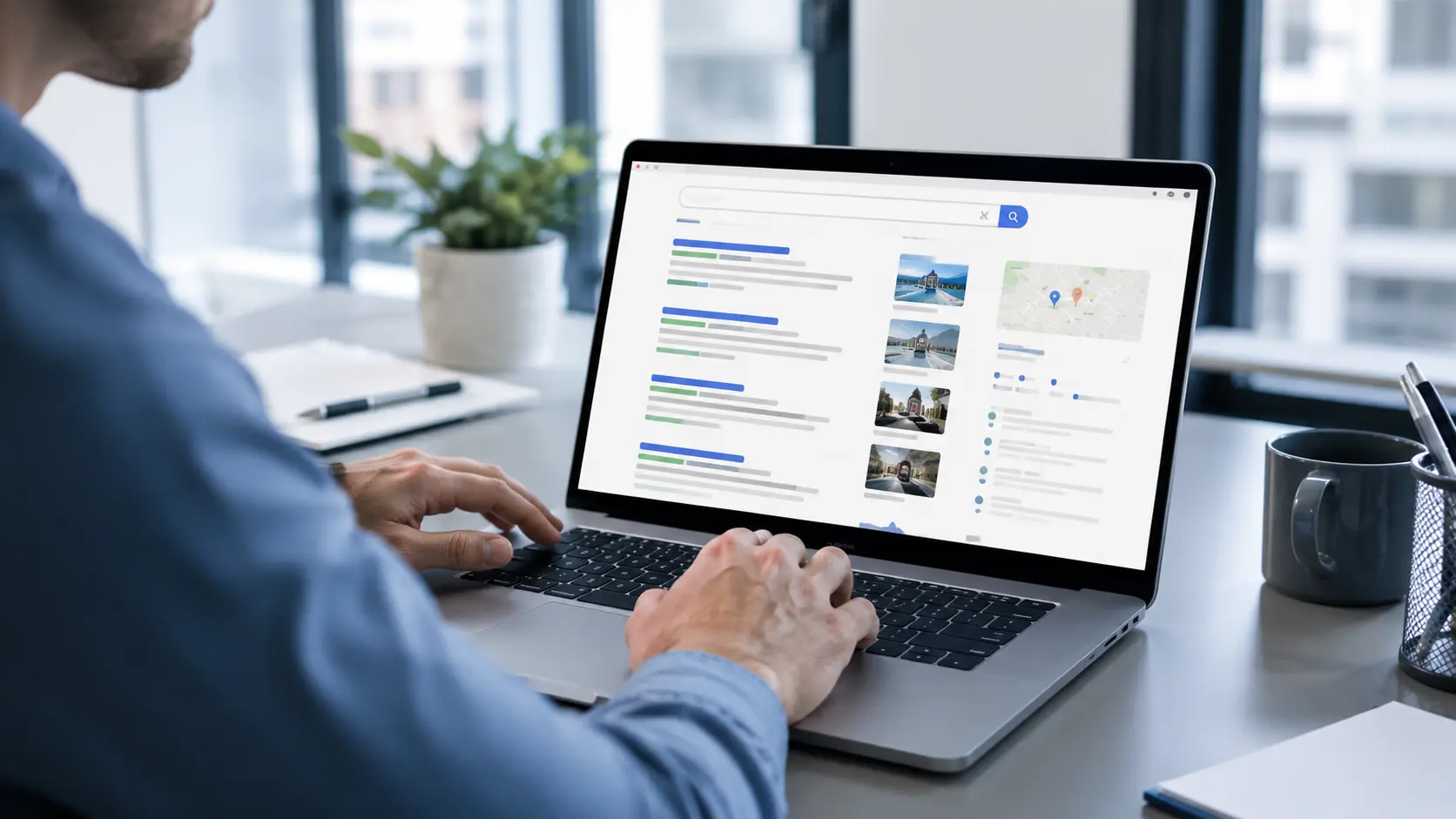 Persona buscando empresas de servicios en Google como parte de una estrategia SEO