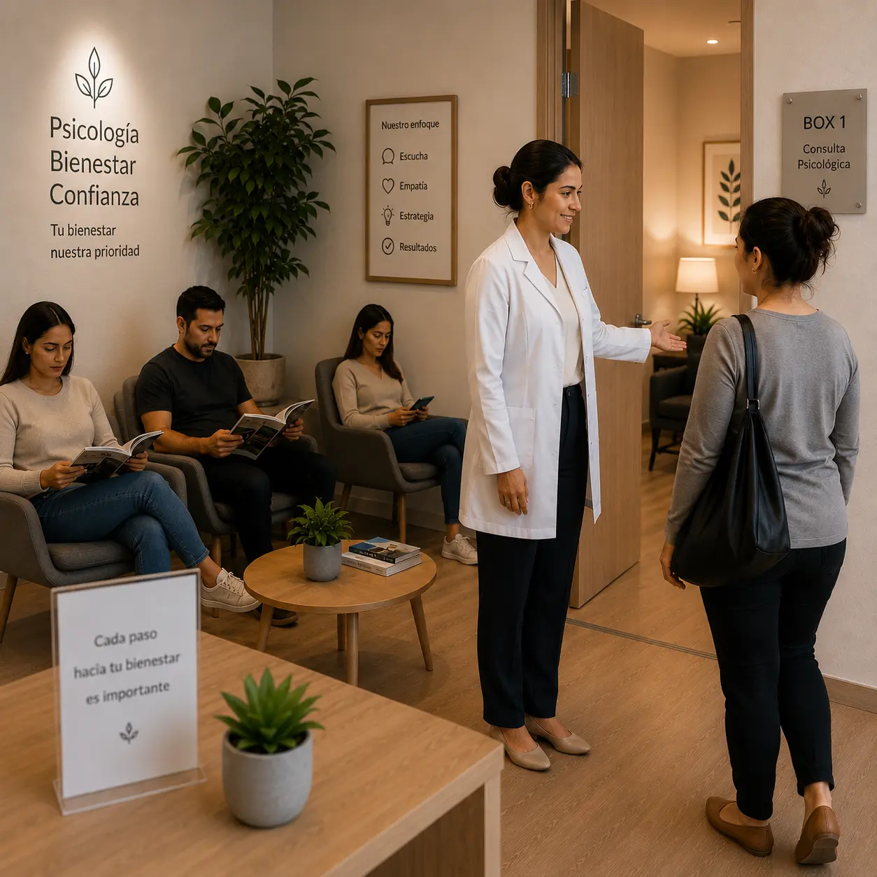 Psicóloga recibe a un paciente en una consulta psicológica profesional, reforzando la experiencia del paciente y las recomendaciones.