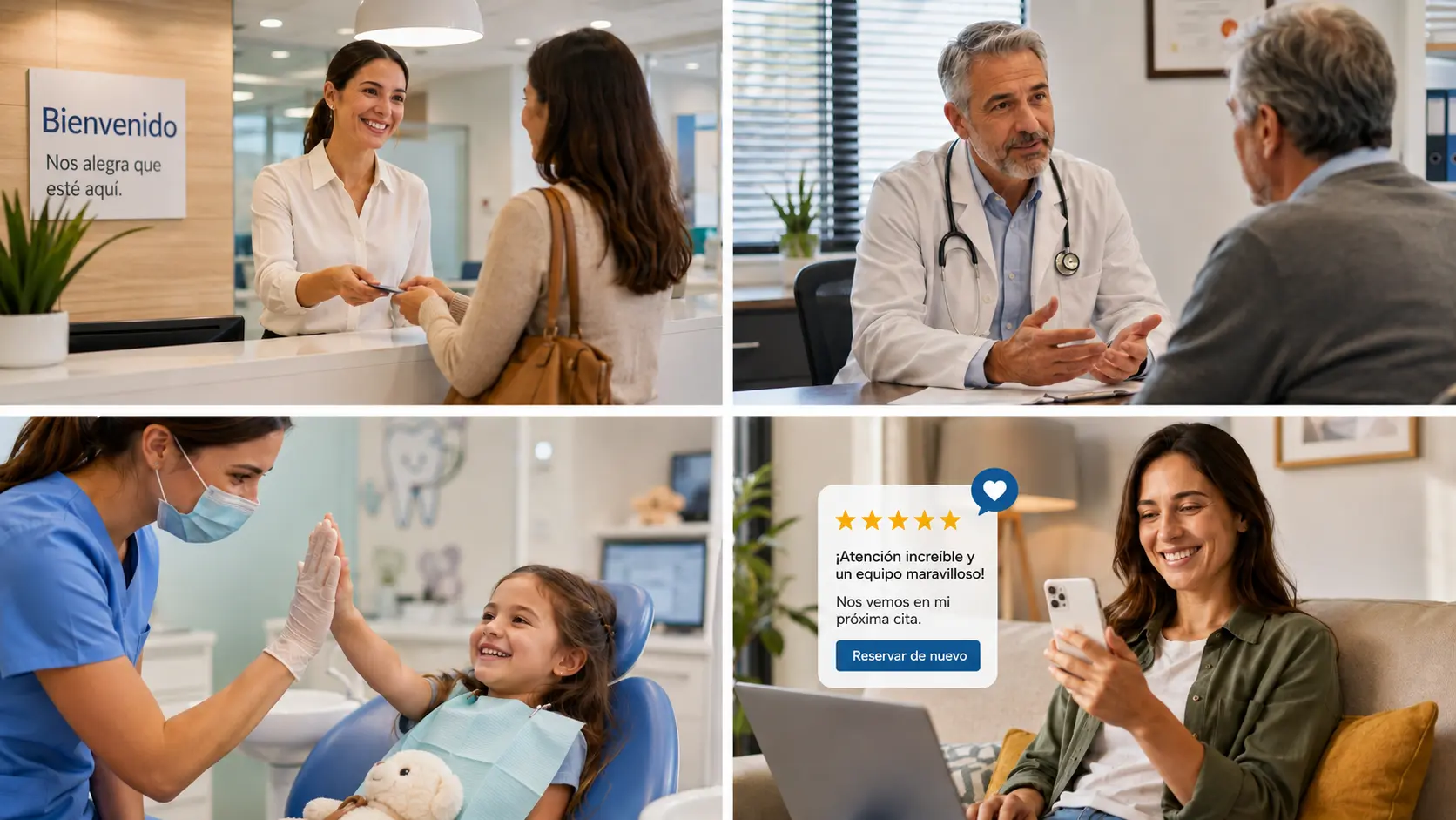 Experiencia del paciente en diferentes áreas de salud, desde la bienvenida y atención profesional hasta el seguimiento, la reagenda y la recomendación.
