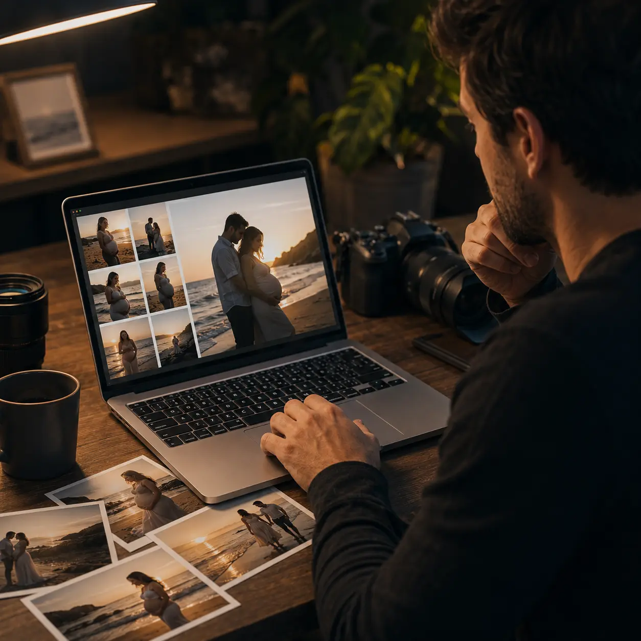 Fotógrafo mejorando su portafolio digital de fotografías para sesiones en su laptop para comunicar mejor sus servicios