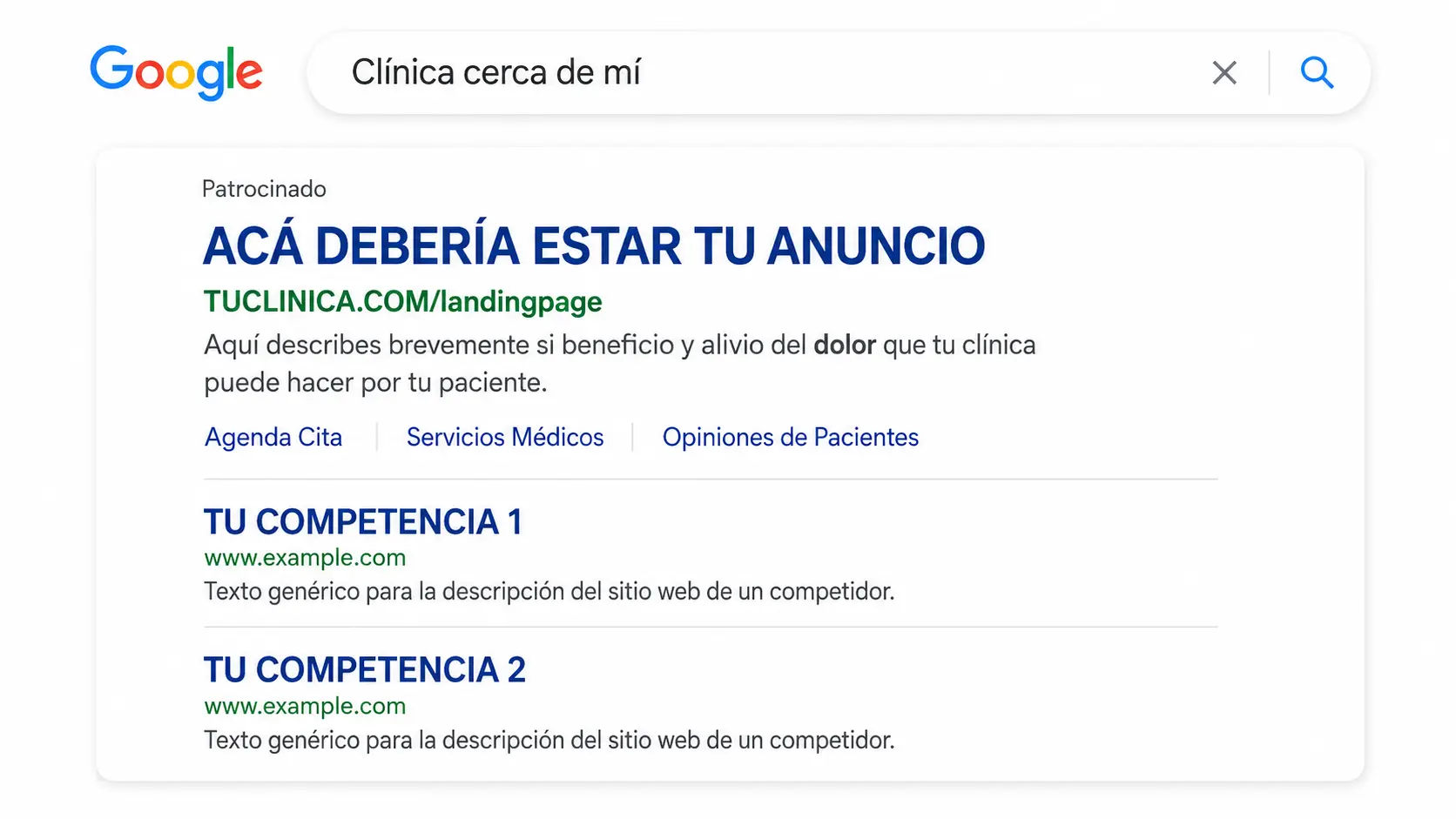 Ejemplo de anuncio de Google Ads para clínica cerca de mí orientado a captar pacientes con intención de agendar