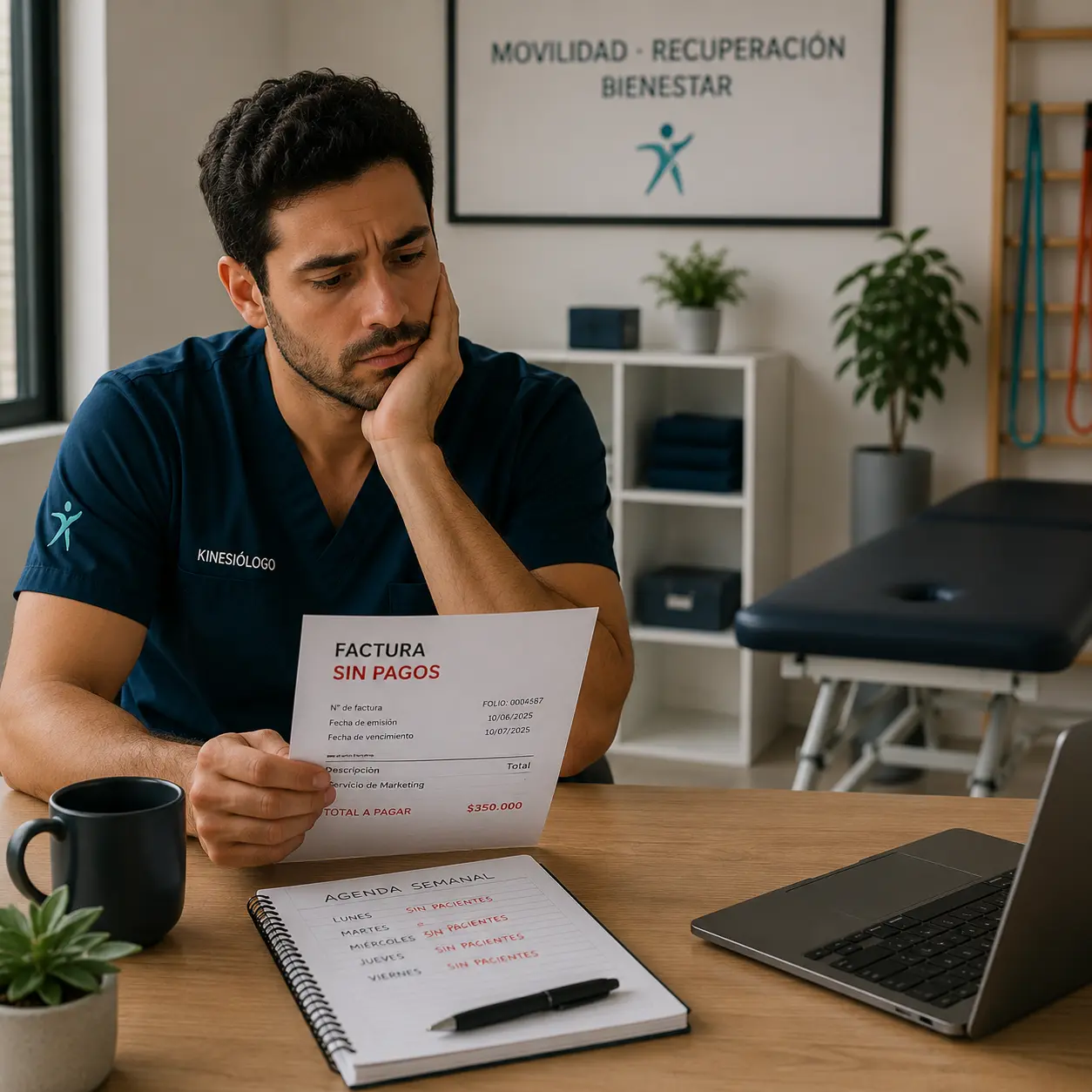 Kinesiólogo preocupado revisando una factura sin pagar y la agenda de su consulta, representando los desafíos de captar más pacientes y hacer crecer una consulta de kinesiología.