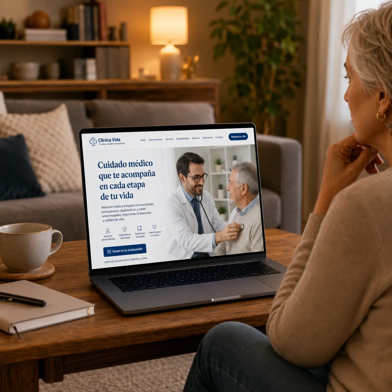 Landing de salud conectada con un anuncio de Google Ads, mostrando una página clara y confiable que ayuda al paciente a decidir agendar.