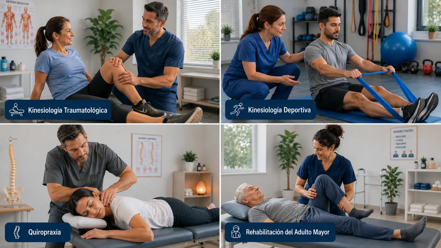 Marketing para especialidades de kinesiología y quiropraxia, incluyendo rehabilitación deportiva, traumatológica, neurológica y atención del adulto mayor.