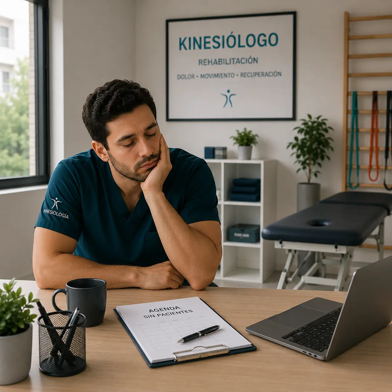 Kinesiólogo revisando una agenda sin pacientes en su consulta, imagen sobre marketing para kinesiólogos y estrategias para atraer más pacientes desde Google.