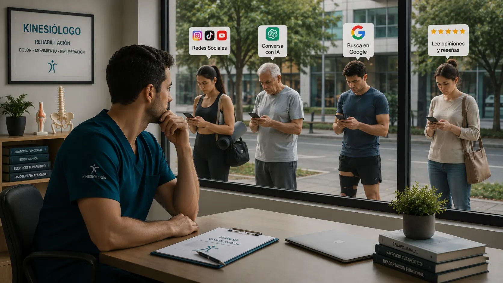 Kinesiólogo atendiendo a un paciente mientras potenciales pacientes comparan opciones de rehabilitación y tratamiento desde Internet antes de reservar una sesión.