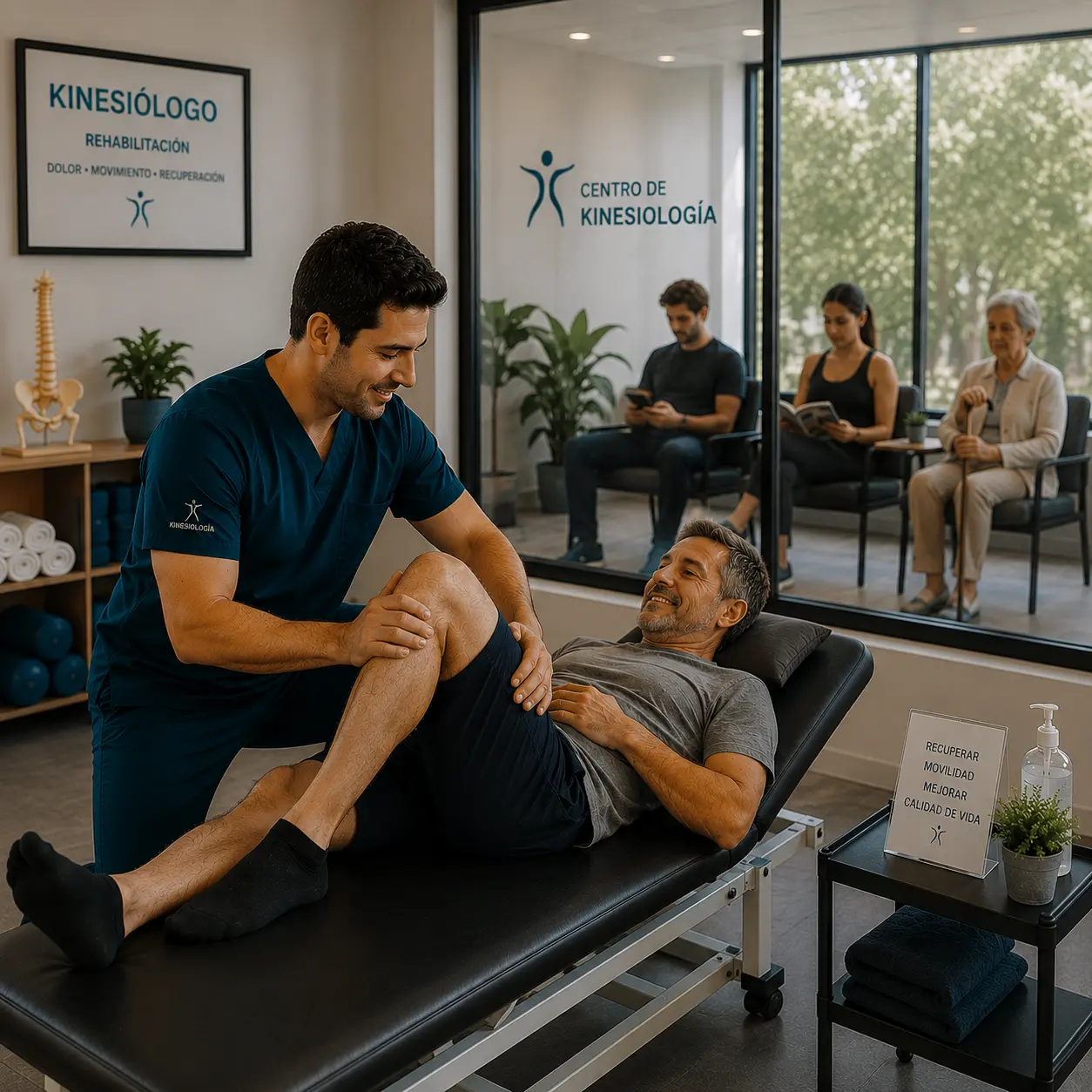 Kinesiólogo realizando una sesión de rehabilitación mientras otros pacientes esperan atención, representando el marketing para kinesiólogos orientado a aumentar la captación de pacientes.