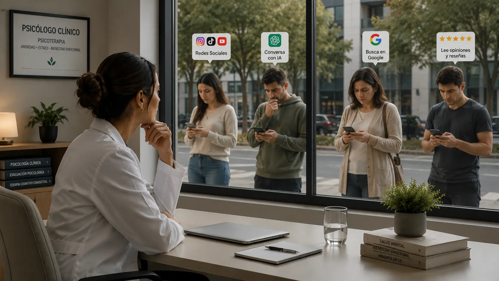 Psicólogo atendiendo a un paciente mientras potenciales pacientes comparan opciones de atención psicológica e investigan desde Internet antes de agendar una primera sesión.