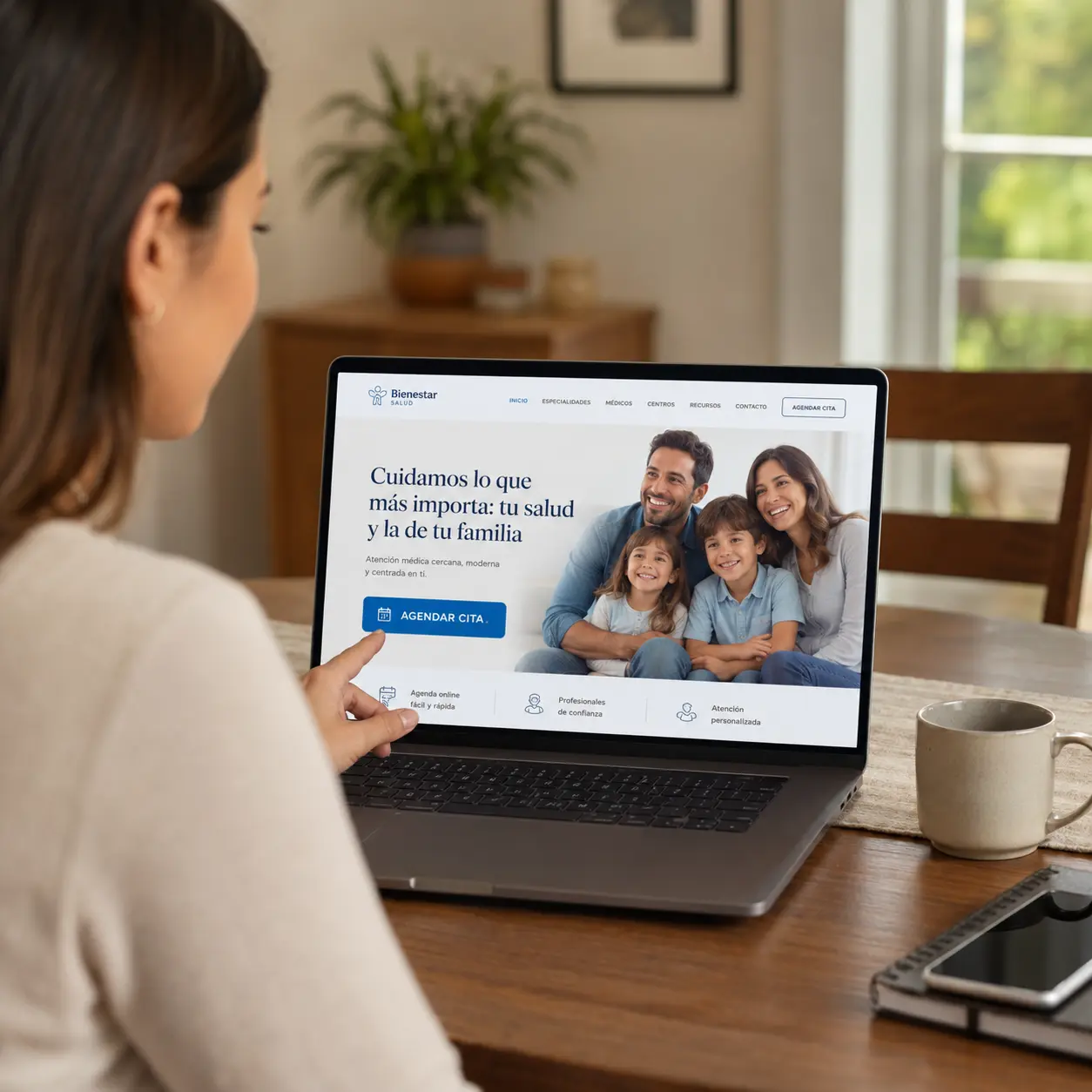 Mejora de página web para salud con paciente revisando servicios médicos online y a punto de agendar una cita desde su hogar