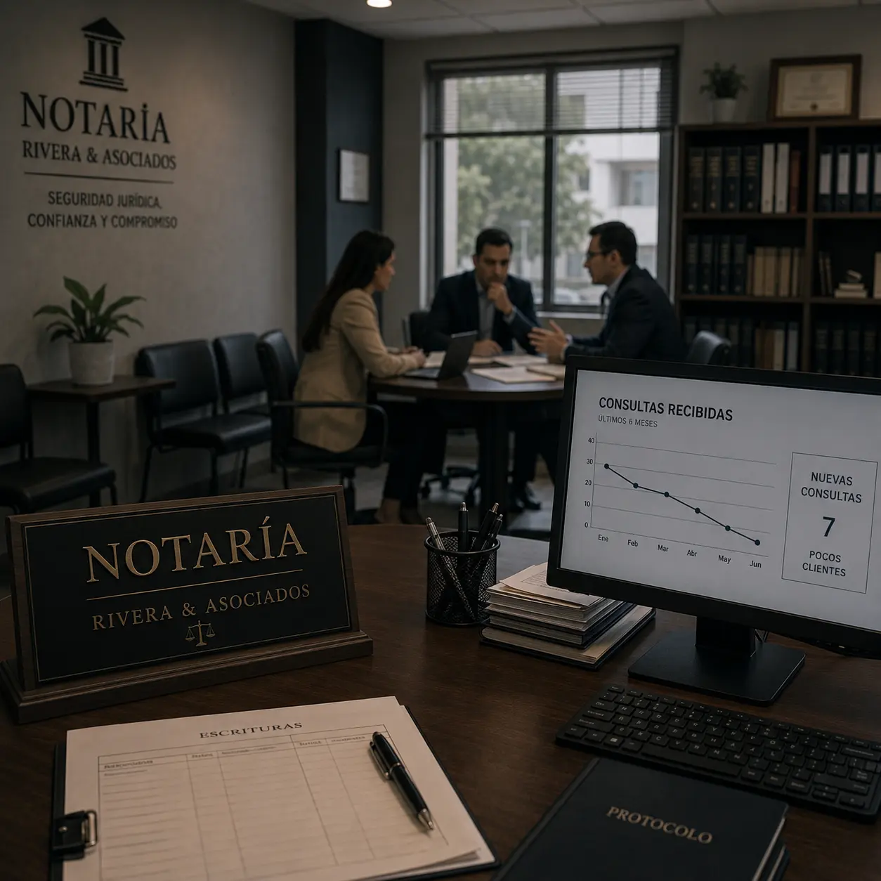 Notaría con pocos clientes analizando cómo mejorar su visibilidad y atraer nuevas consultas