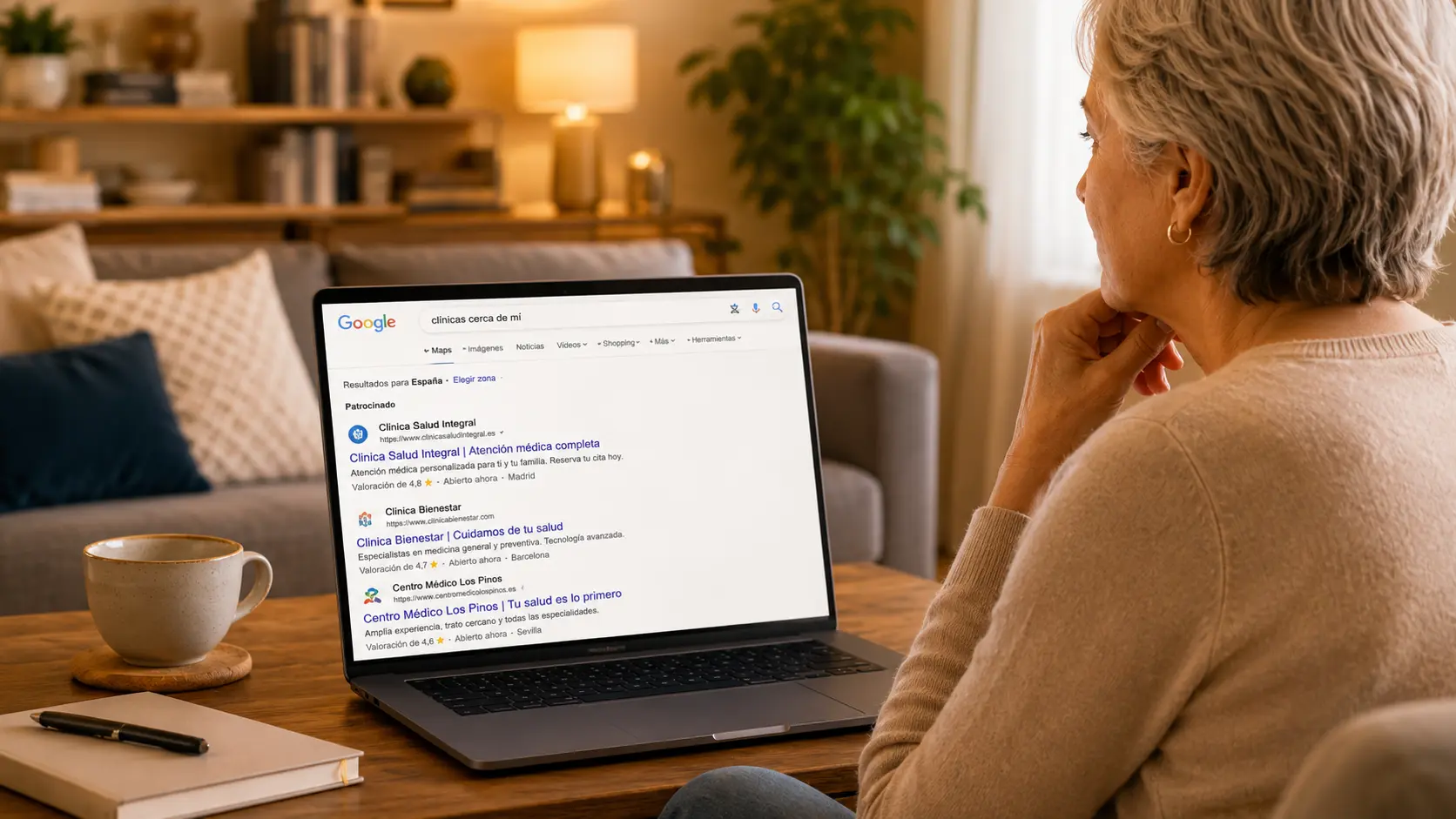 Paciente adulta revisando anuncios de Google Ads de clínicas y centros de salud antes de elegir dónde agendar una consulta.