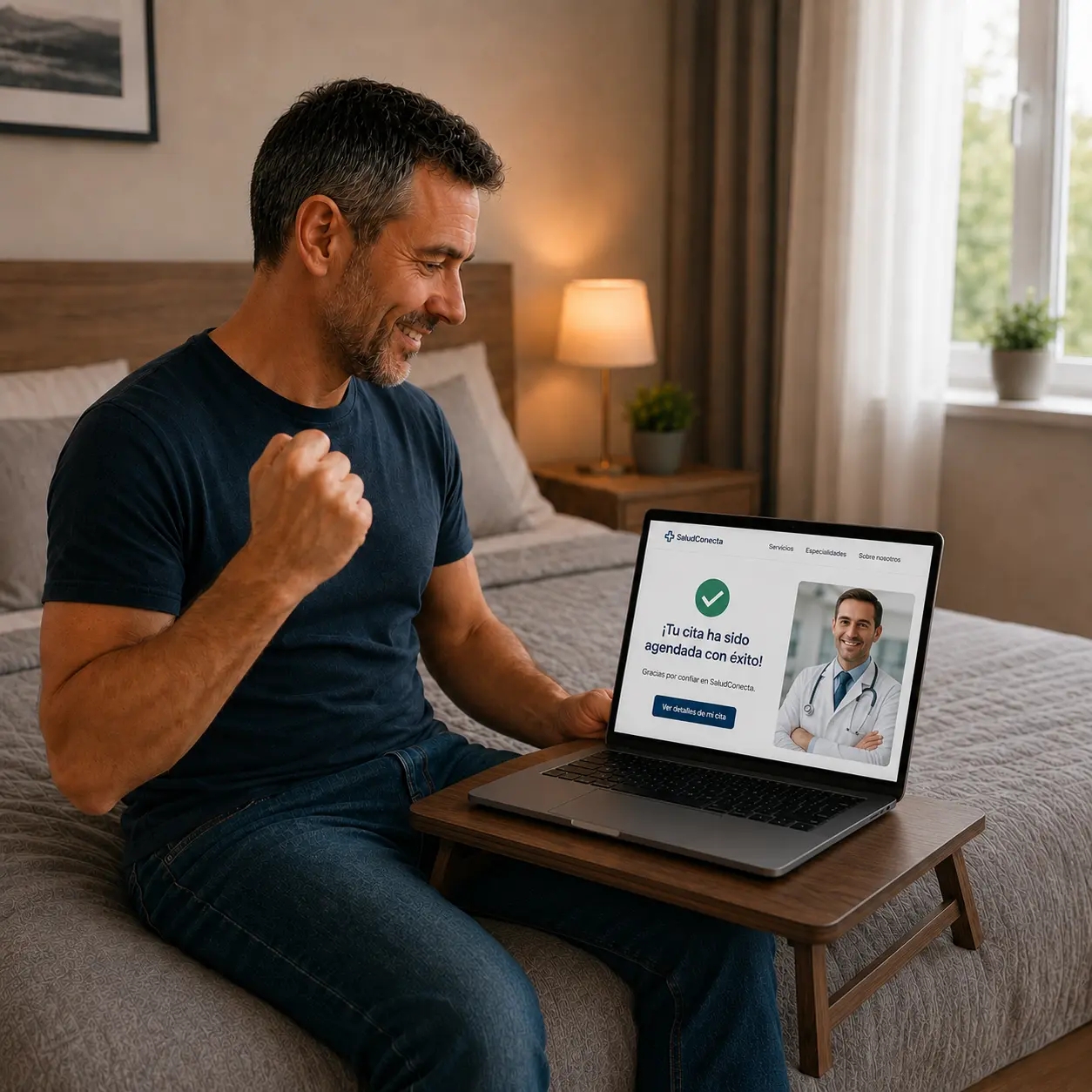 Paciente satisfecho usando su celular después de una experiencia positiva de atención en salud.