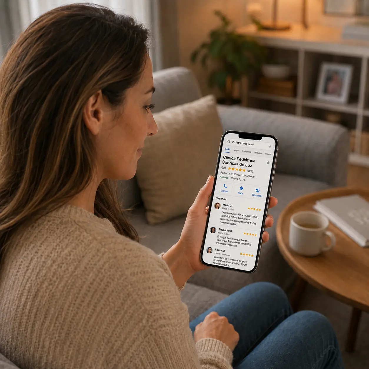 Mujer comparando reseñas de Google de una clínica pediátrica desde su celular para elegir una atención de salud confiable.