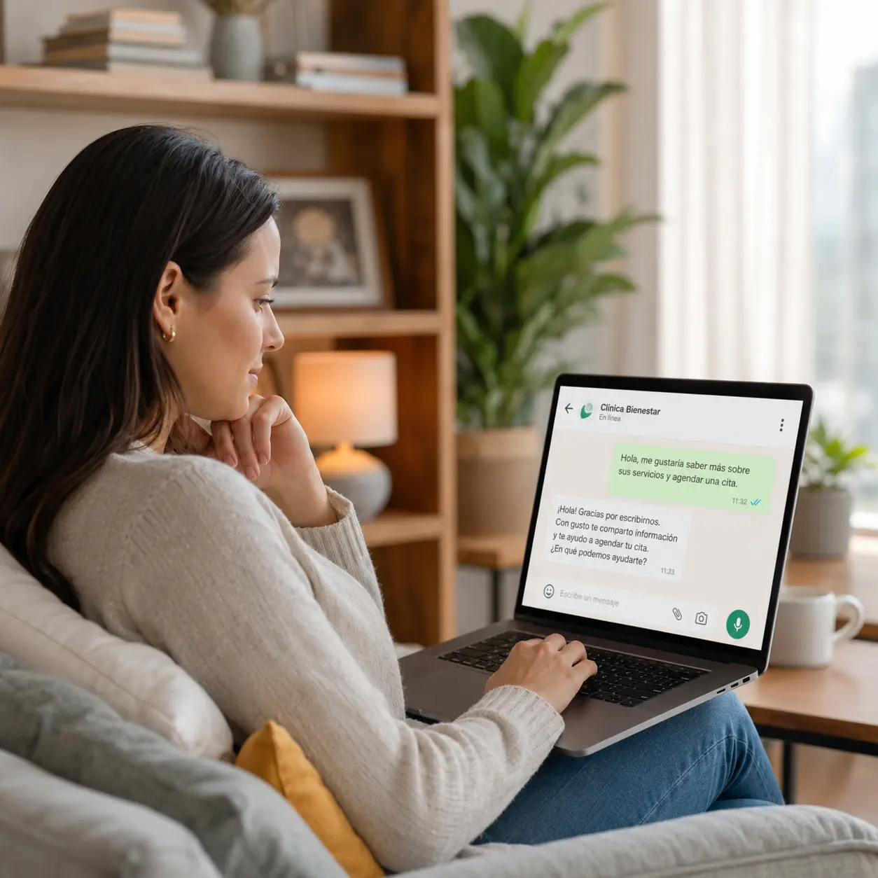 Paciente escribiendo por WhatsApp a una clínica de salud desde su casa como parte del primer contacto en la experiencia del paciente.