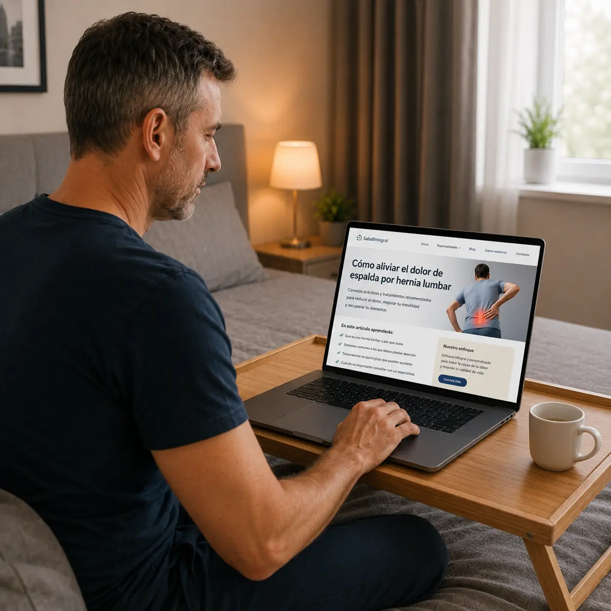 Paciente investigando cómo aliviar el dolor de espalda por hernia lumbar en una página web de salud que entrega orientación antes de agendar una consulta.