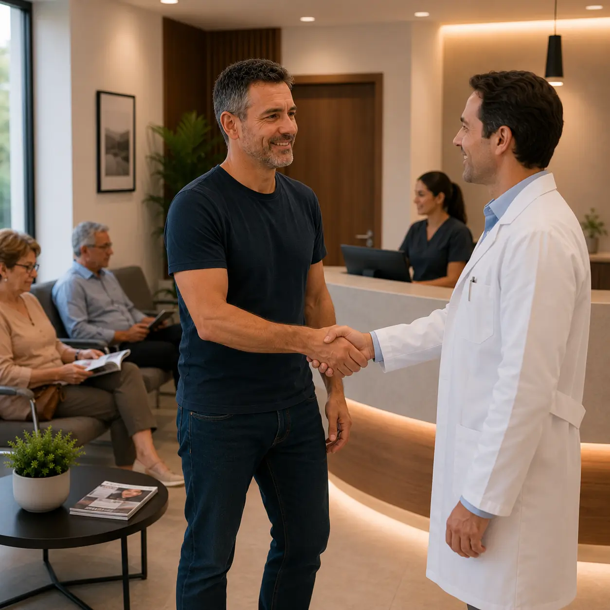 Paciente llegando a una consulta de salud y siendo recibido por un profesional después de agendar su atención.