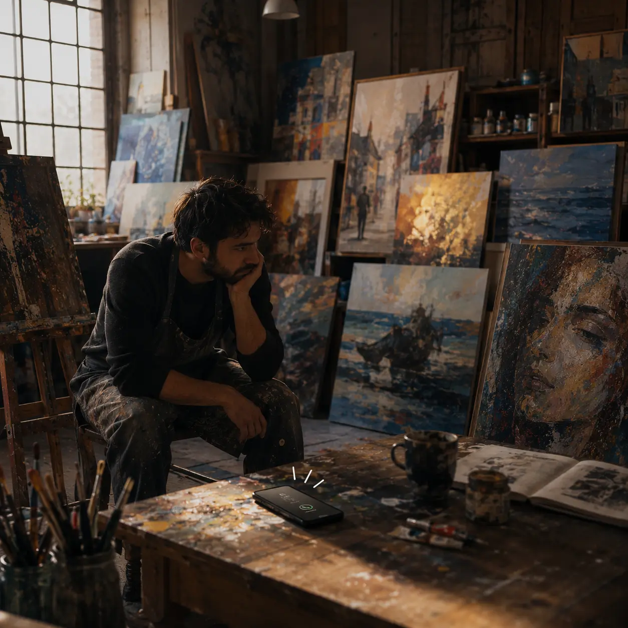 pintor sin  estrategias de marketing para dar a conocer sus obras y atraer clientes interesados.