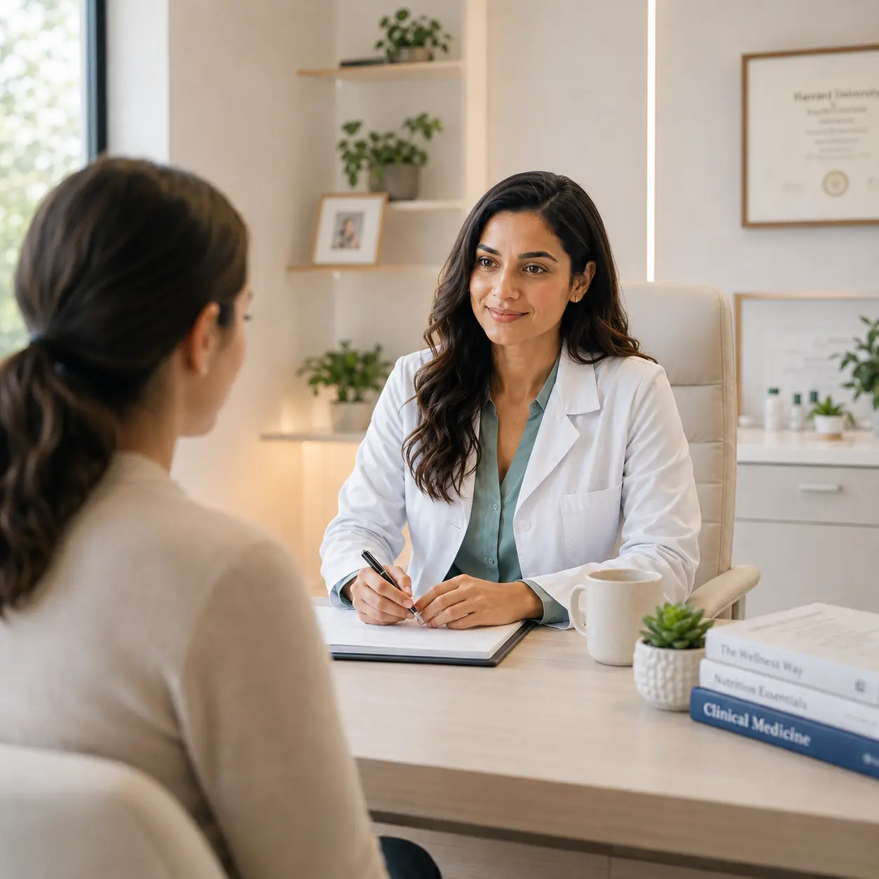 Profesional de la salud recibiendo a una paciente en su consulta para mostrar confianza, atención cercana y resultados en la captación de pacientes