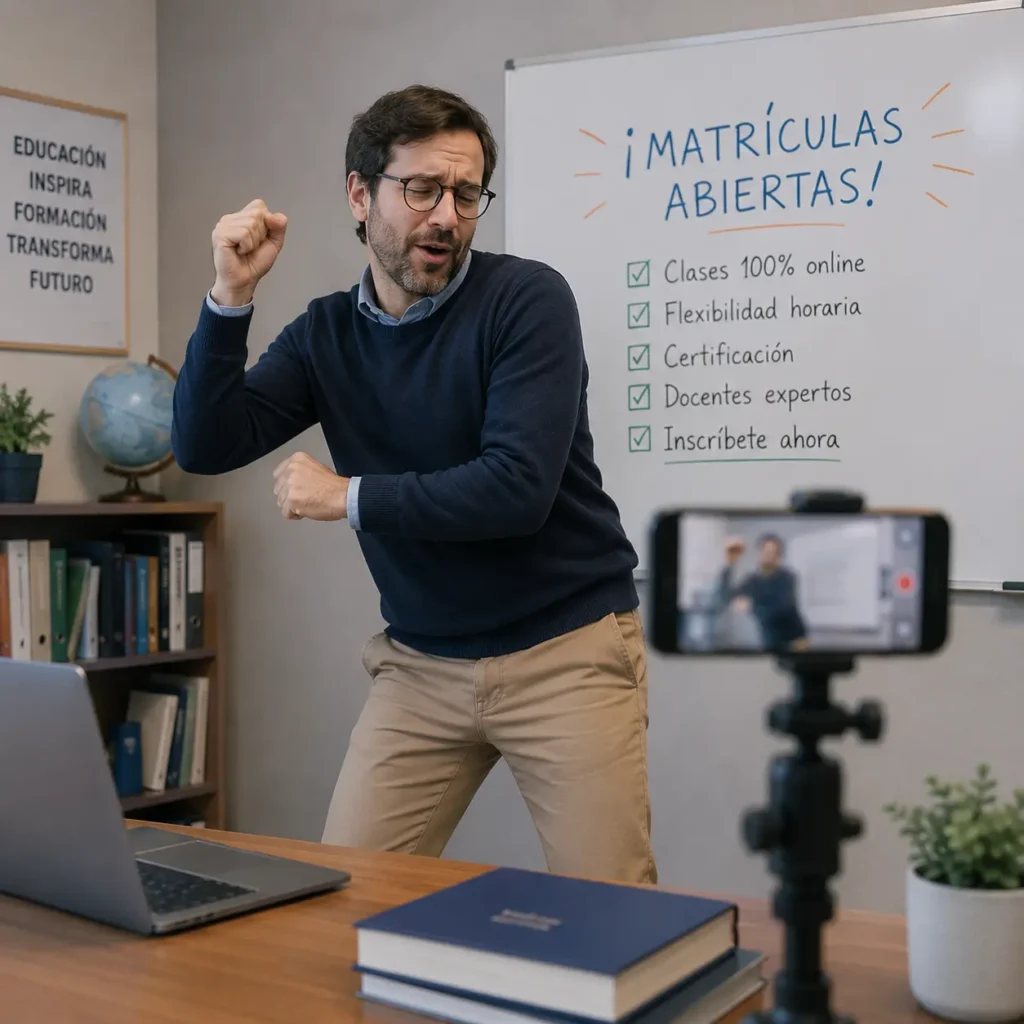 Profesor grabando un reel mientras baila para promocionar sus cursos y atraer alumnos, como ejemplo de errores de marketing en educación y formación.