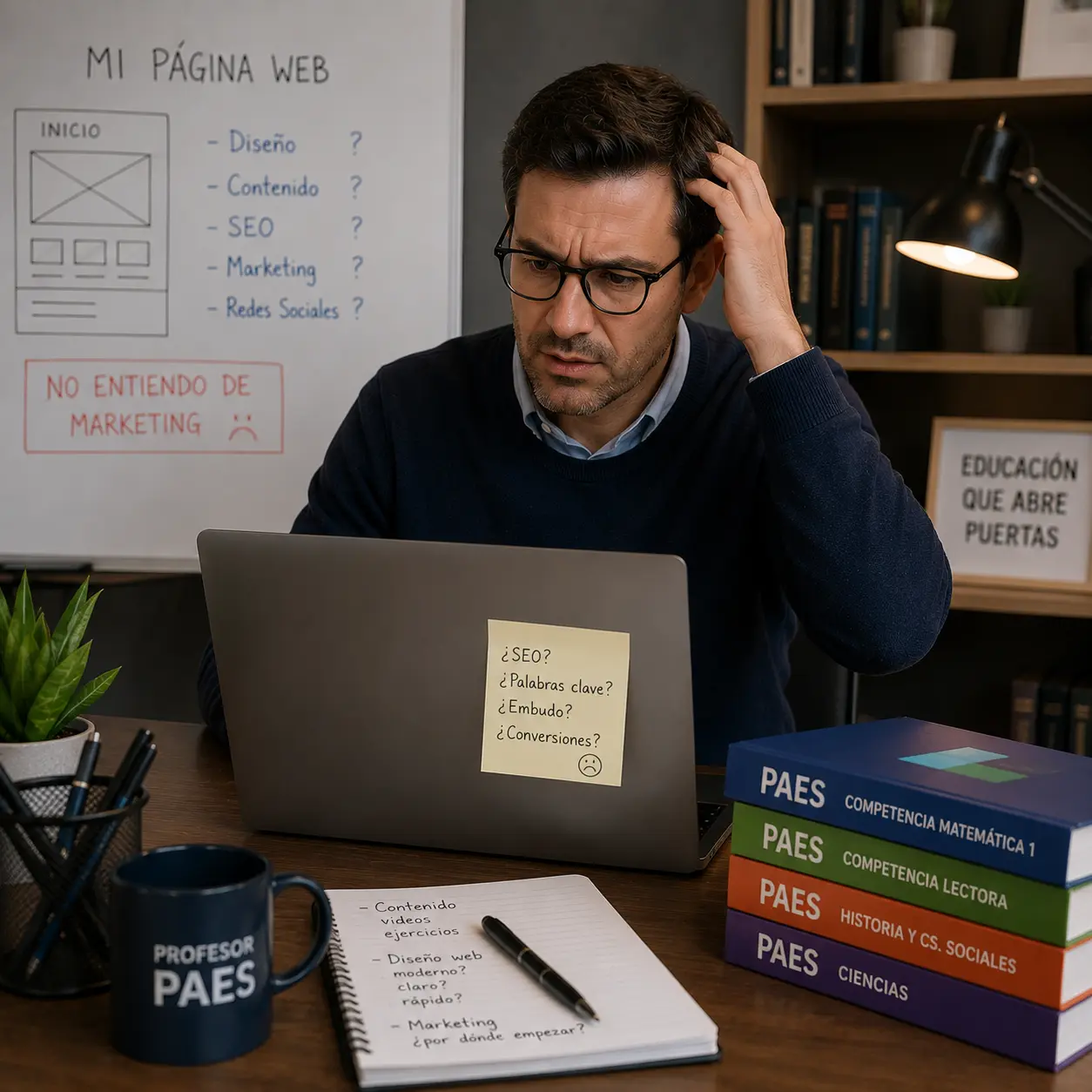 Profesor PAES preocupado mientras intenta mejorar la página web y el marketing para servicios educativos online.