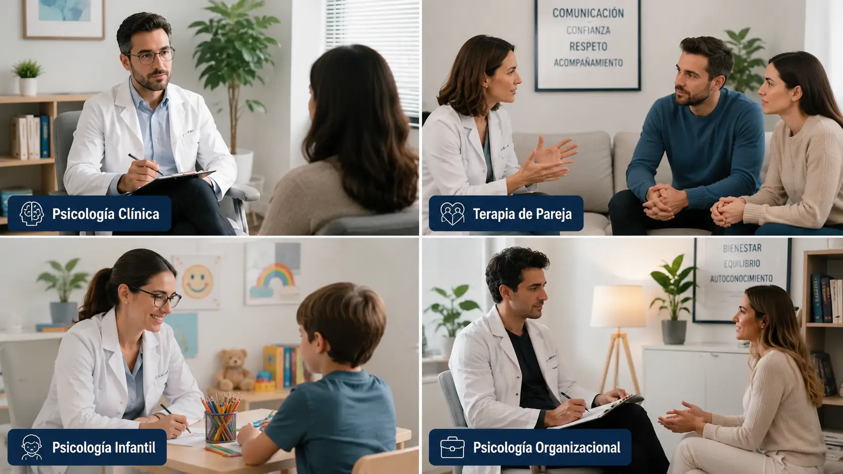Psicólogos atendiendo pacientes en distintas especialidades como psicología clínica, infantil, de pareja y atención online.
