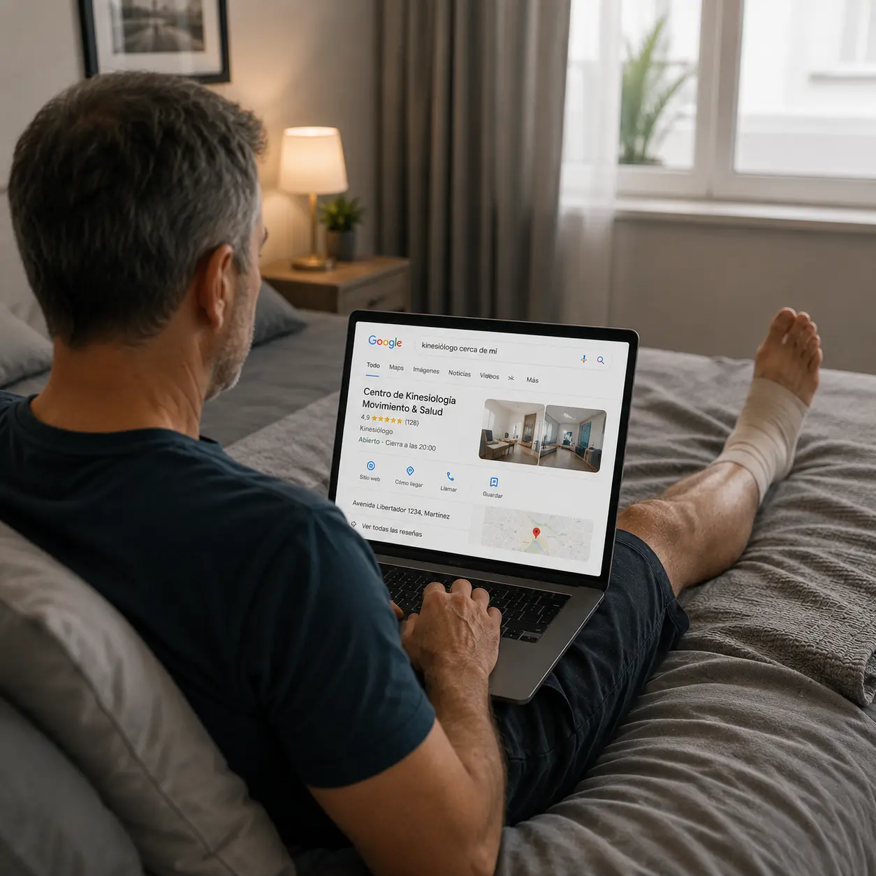 Paciente buscando un kinesiólogo en Google desde su hogar, imagen relacionada con marketing para kinesiólogos, SEO local y posicionamiento web.
