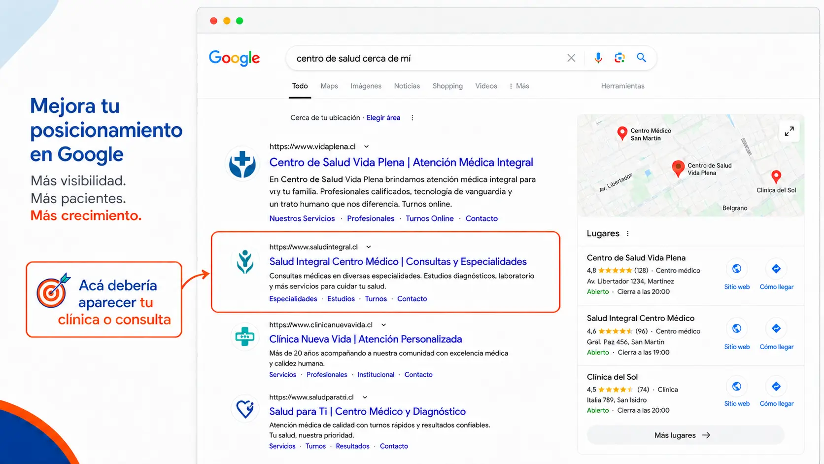 SEO para diferentes áreas de la salud, incluyendo clínicas, médicos, dentistas, psicólogos, kinesiólogos y centros médicos.