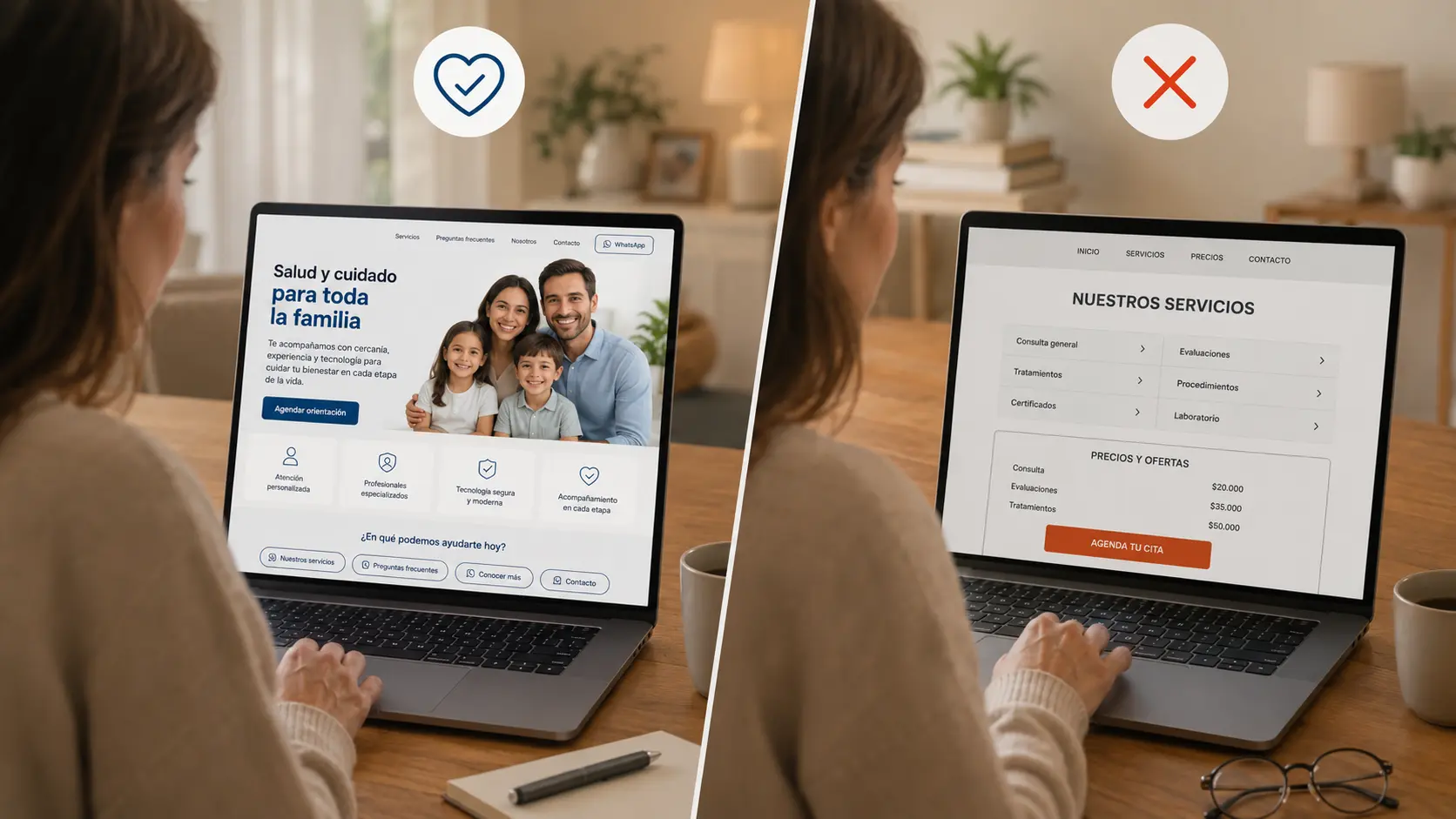 Paciente revisando una página web de salud antes de agendar una cita, ejemplo de sitio web comercial para clínicas y consultas profesionales