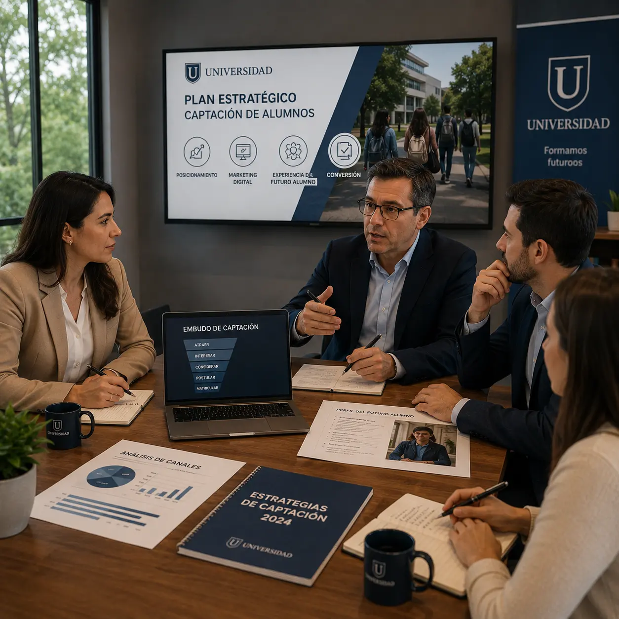 Equipo directivo de una universidad en reunión estratégica para mejorar su marketing y la captación de nuevos alumnos.